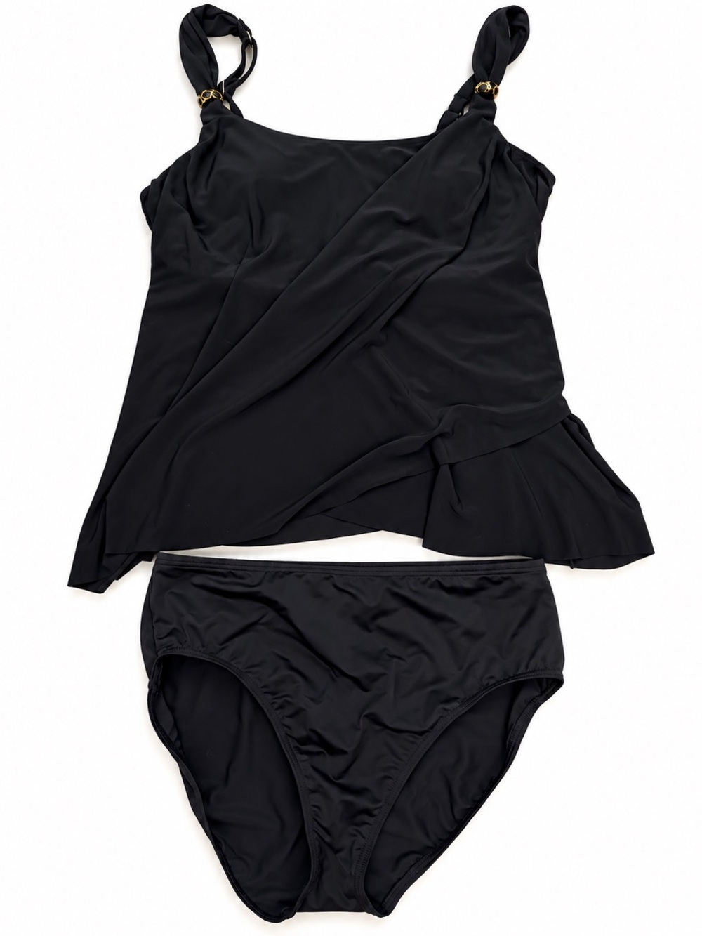 Miraclesuit Dazzle Tankini Swimsuit Size 14 Black 2 Piece Gold Hardware